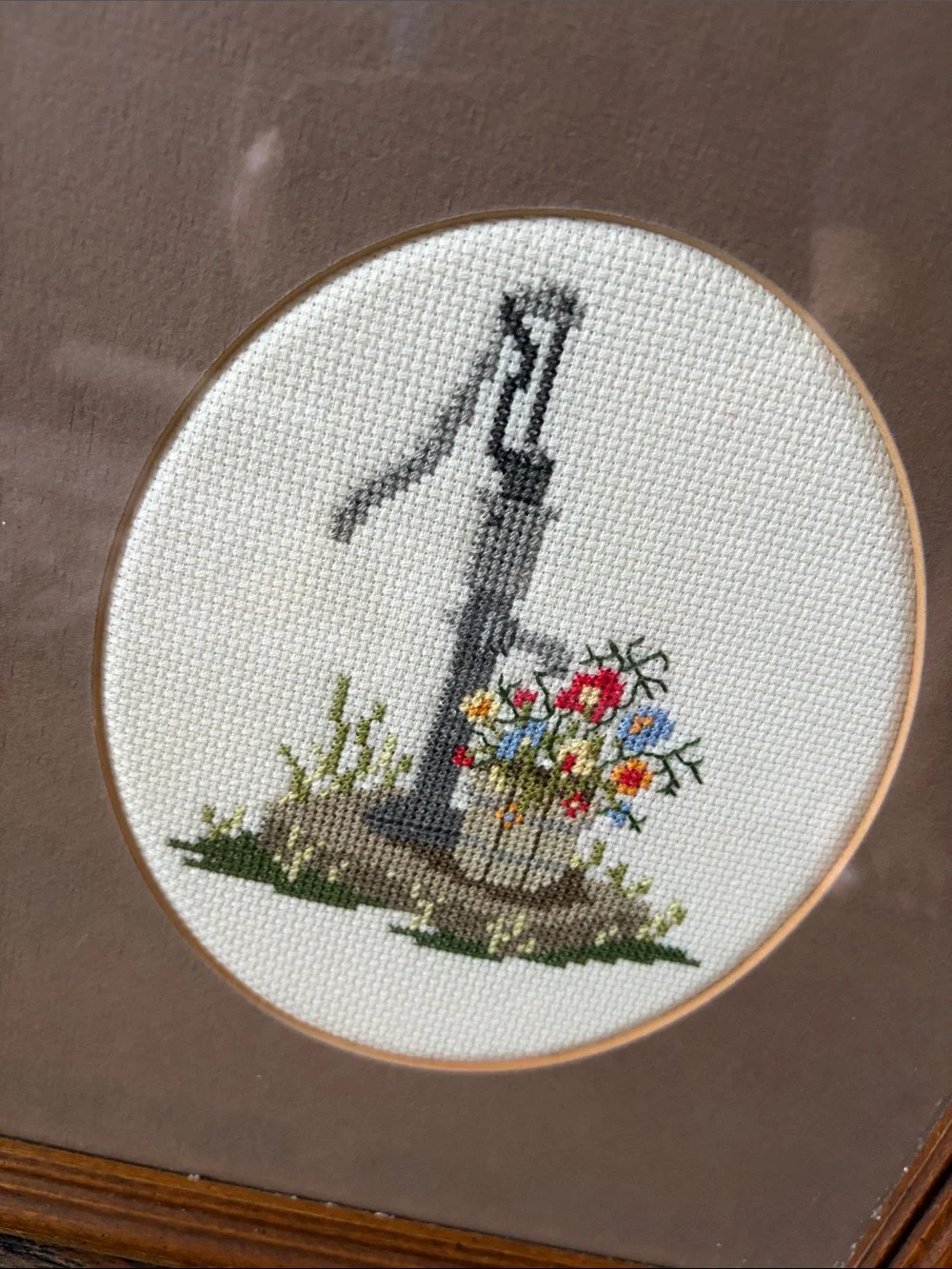 Vintage Triple Oval Cross-Stitch Wall Art in Brown Frame